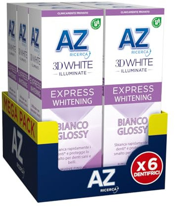AZ Ricerca DENTIFRICIO 3D White Illuminate Express Whitening BIANCO GLOSSY, SBIANCA Rapidamente e PROTEGGE lo Smalto, RIMUOVE fino al 100% delle MACCHIE, Confezione da 6 (6x50ml), MENTA EUCALIPTO
