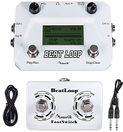 Amuzik Beat Loop Guitar Effect Pedal Drum Looper Machine 40 Drums Rhythm 50min Looper Recording Time Drum Machine Tap Tempo to Loop with USB