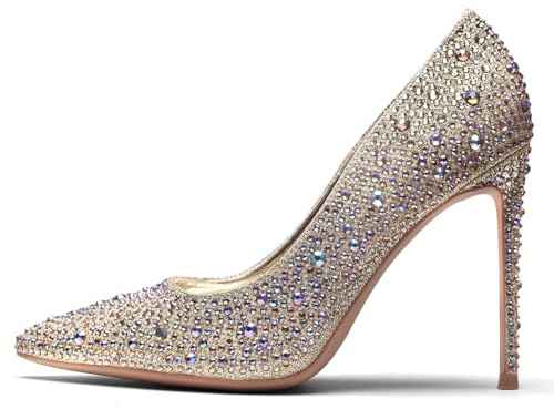 GENSHUO Escarpins Femme Talons Aiguilles Paillettes Or Strass Stiletto à Talon Haut Aiguille Bout Pointu 10cm Chaussure à Talon pour Fête Mariage Soirée High Heels 37.5EU