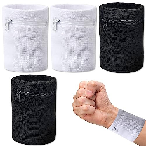 Aoreun Schweißbänder Handgelenk, 4 Stück Handgelenktasche, Sport Schweißband mit Reißverschlusstasche, Wristband Armband Geldbörse, Sportarmband für Männer Frauen Outdoor Laufen, Wandern, Joggen