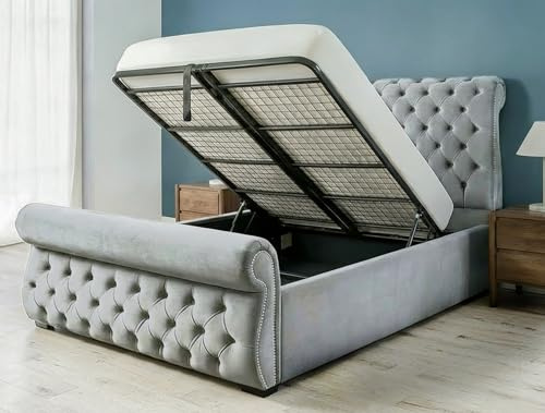 BED TREND King Size Ottoman Bed| 5ft King Size Storage Bed with Gas Lift Up Heavy Duty Mesh Frame, Upholstered Base and Headboard (Silver)