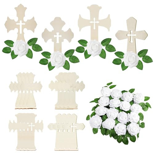 KIKVTER 16 Stück Holzkreuz Katholische, Holzkreuz Kommunion, Holzkreuz Taufe, Holzkreuze zum Basteln Kleine Taufdekoration, Kreuz holz Taufe, Erstkommunion Geschenk mit 16 Basis, 4 Stile+Blume