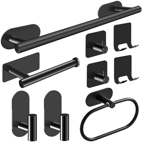 Toalleros de Baño Sin Taladro, 9PCS Accesorios Baño Toalleros de Baño, Toallero Adhesivo Baño Accesorios Baño Sin Taladro, Toallero Baño Portarrollos Papel Higienico de Acero Inoxidable SUS304