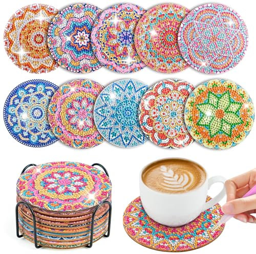 10 Stück Diamond Painting Untersetzer Mit Halter, Diamant Tassenuntersetzer, Diamond Painting Erwachsene zum Basteln, 5D DIY Mandala Untersetzer rutschfest für Anfänger, Erwachsene & Kinder