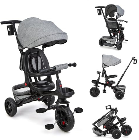 6 in 1 Triciclo Bambini da 10 Mesi a 5 Anni, Bicicletta Passeggino per Bambini con Sedile Reversibile Parapole e Pedale, Triciclo per Bambin Pieghevole (Grigio)
