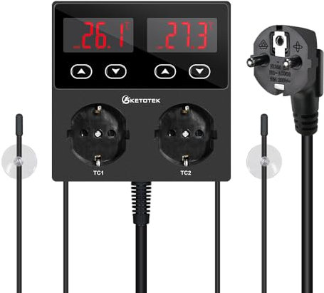 KETOTEK KT99pro Dualer digitaler Temperaturregler Ausgang 10A Relais Heizung Kühlung thermostatgesteuerte Steckdose mit Sensor für Reptilienbrauen, Fermentation, Zucht, Inkubation, Gewächshaus