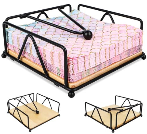 Serviettenhalter Schwarz Holz, Serviettenspender, Napkin Holder, Serviettenständer, Serviettenhalter Metall Vintage Flacher mit Beschwerer Quadratische Papierserviettenhalter