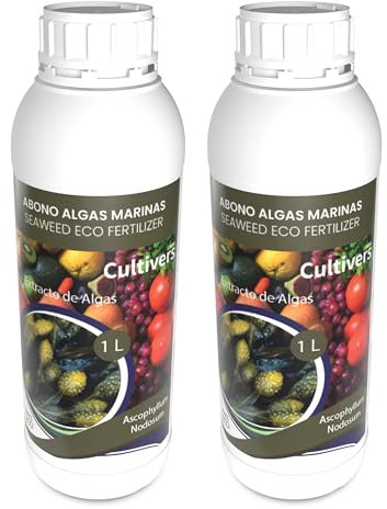CULTIVERS Fertilizante Algas Marinas Líquido 2x1L. Abono orgánico para plantas extracto de Ascophyllum nodosum. Potenciador de crecimiento, estimulador de raíces, mejora la producción y la calidad