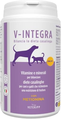 V-INTEGRA Renal Met (with Methionine) - Complete Vitamin and Mineral Rich Supplementary Feed for Home Diet of Dogs and Cats that Need Phosphorus Restriction - 200 g Made in Italy