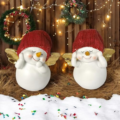 Goldbach 2 x Schneemann mit Flügel im Set je ca. 7 cm hoch rot Engel Schneemänner Figuren Wichtelgeschenk Winter Weihnachten 2er Set Schneemannfigur