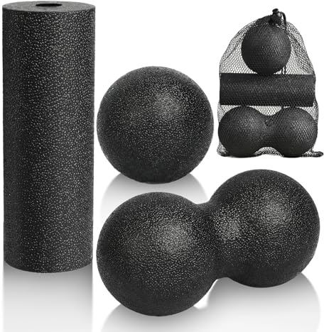 LOPHE 3 Pcs Massage Ball Set, Muscle Massage Foam Roller, Peanut Ball Massage The Fascia, Double Lacrosse Ball, Self Massage Ball with Storage Bag, Relieve Body and Foot Muscle Tension (Black)
