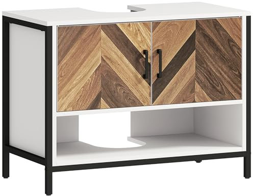 HOMCOM Meuble de lavabo avec 2 portes à chevrons et compartiment ouvert pour lavabo à socle ou à poser 80 x 40 x 60 cm Crème et noyer