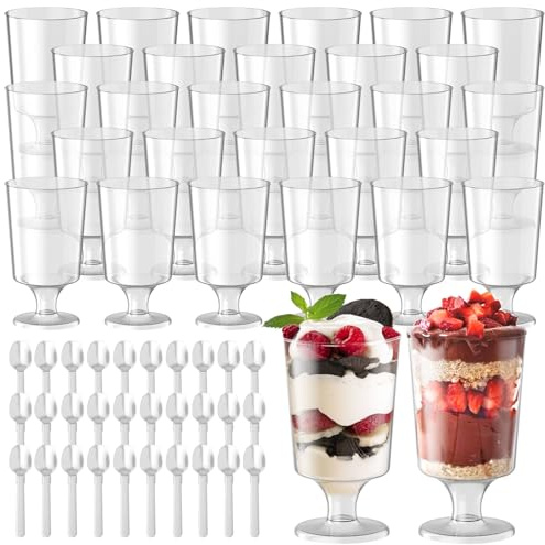 Dessertglas i plast, 30 st dessertkoppar i plast med skedar 120 ml dessertskålar Dessertbehållare, runda genomskinliga plastkoppar återanvändbara dessertglas Dessertbehållare för bröllop fest