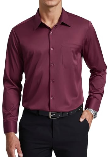 Enlision Camisa Burdeos Hombre Elastica Sin Plancha Manga Larga Camisas Antiarrugas Cuello con Botones Ajuste Regular Traje Negocios Boda con Bolsillo M