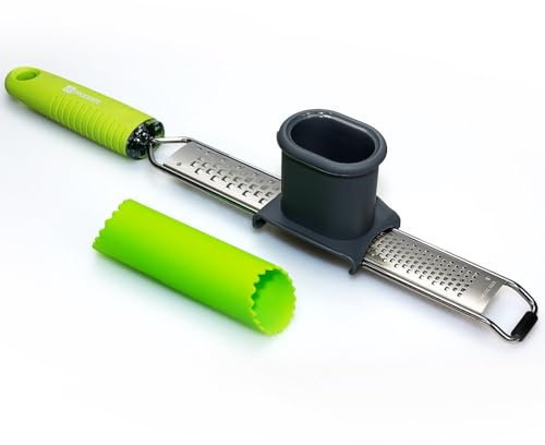 WIR24.TV Multireibe Küchenreibe + Knoblauchschäler & Schlitten I Parmesanreibe, Ingwerreibe, Zitronenreibe, Muskatnuss Reibe, Scharfe Klinge aus hochwertigem Edelstahl für ein müheloses Zermahlen