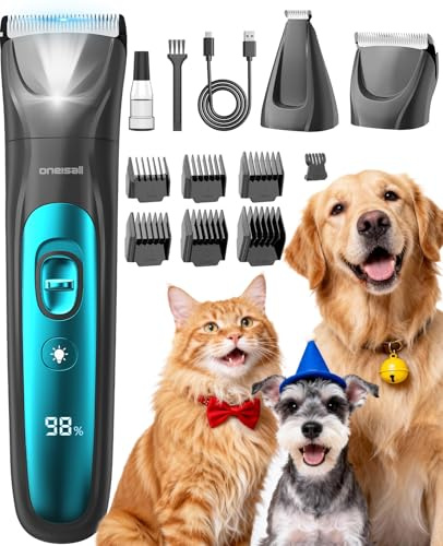 oneisall Tondeuse pour Chien Professionnelle Sans Fil pour Animaux, Tondeuse à Poil Long Epais avec Lumière LED (Bleu, 2-en-1)