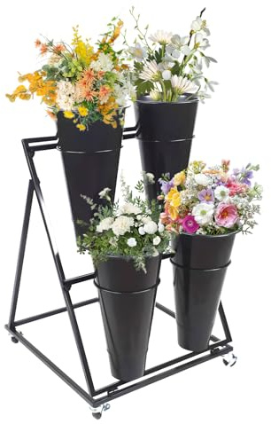Soporte de exhibición de flores con cubos, carrito de flores de metal resistente con ruedas, estante para ramos de flores de interior, soporte móvil para plantas para un fácil arreglo floral