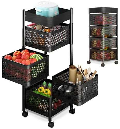 JUPPLIES Carrito Auxiliar con Ruedas - Cesta de Almacenamiento Ahorra Espacio 4 Niveles - Carrito Cocina Giratorio - Estante Cocina, Baño, Estante para Frutas, Verduras, Utensilios-Metalico (Negro V2)