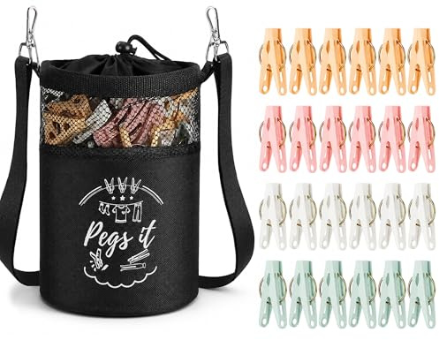 pupuluck Peg Bag for Washing Line with 48PCS SureGrip Pegs, Waterproof Oxford Peg Bag with Shoulder Strap, Strong & Durable Windproof Plastic Clothes Pegs for Indoor Outdoor Laundry
