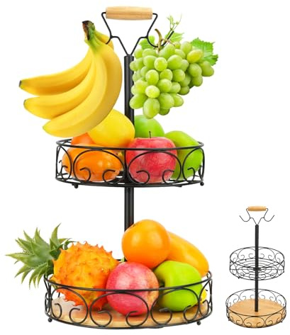 MAIJIAJU Alzata per frutta a 2 ripiani, con porta banana, rimovibile, colore nero, in metallo, per frutta, frutta, verdura, pane