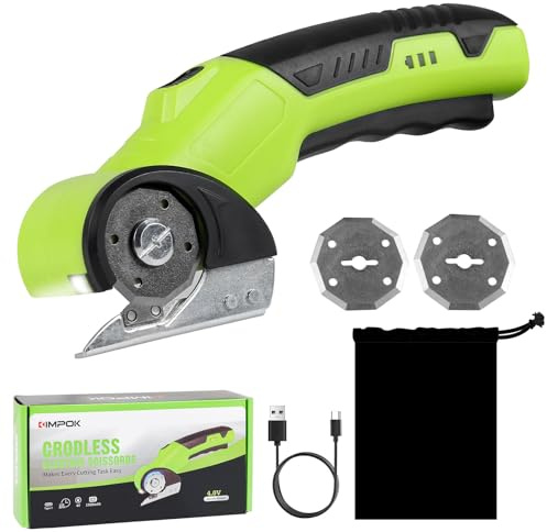 KIMPOK Electric Scissors & Cardboard Cutter, 4V Cordless Power Box Cutter for Recycling - 2000mAh Rechargeable Battery -Rotary Cutter Tool for Fabric, Carpet & Leather -Includes 3 Blades & Storage Bag
