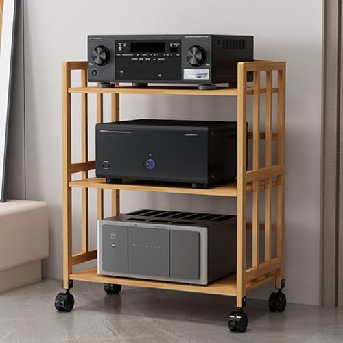 Ljudställ – 3-nivås träunderhållningsstativ med hjul för stereo, DVD-spelare och AV-media, 50–80 cm lång hylla, 88 cm hög, perfekt för hemmabioinställningar