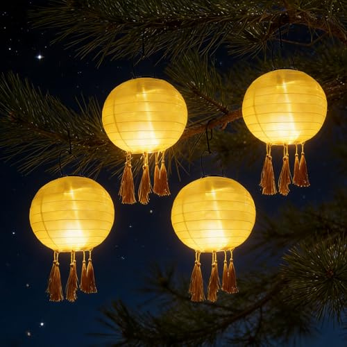 GAOUTO Lot de 4 lampions solaires d'extérieur résistants aux intempéries - 20 cm - LED étanches - Lanternes solaires à suspendre - Guirlande lumineuse pour jardin, terrasse, cour - Jaune