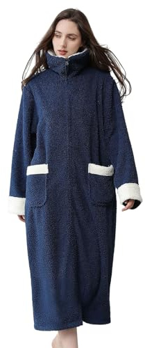 REITINGE Accappatoio da donna in pile felpato lungo con cerniera frontale con colletto rialzato e tasche, caldo e morbido, camicia da notte da notte invernale, blu navy, XL