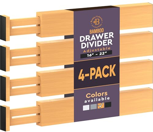 4 Pack Bamboo Drawer Dividers - 2.6 in High, Adjustable 16 to 22 in Expandable Drawer Organizers and Dresser Separators for Clothes, Bedroom, Bathroom, Kitchen, and Office Organization and Storage