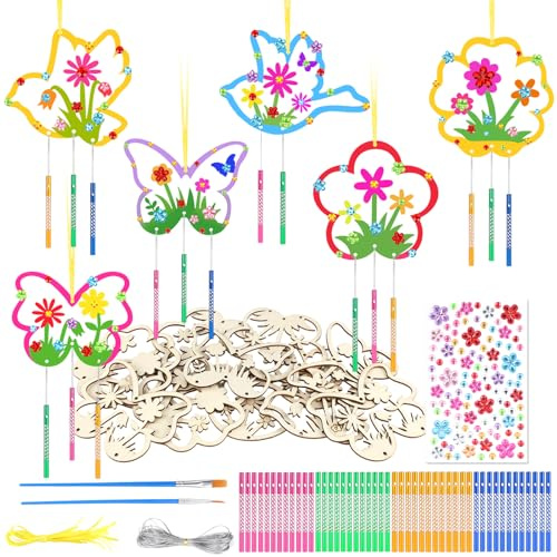 SRIZAIN 12 Piezas Primavera Carillón de Viento DIY, Campanillas de Viento de Madera, Kit Jardineria Niños Decoración, Manualidades de Campanas de Viento para Jardín