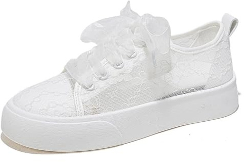 Generisch Scarpe da ginnastica da donna piatte in pizzo, traspiranti, per uso quotidiano, per il tempo libero, eleganti scarpe da sposa ricamate, comode e leggere, per attività sportive, bianco, 38 EU