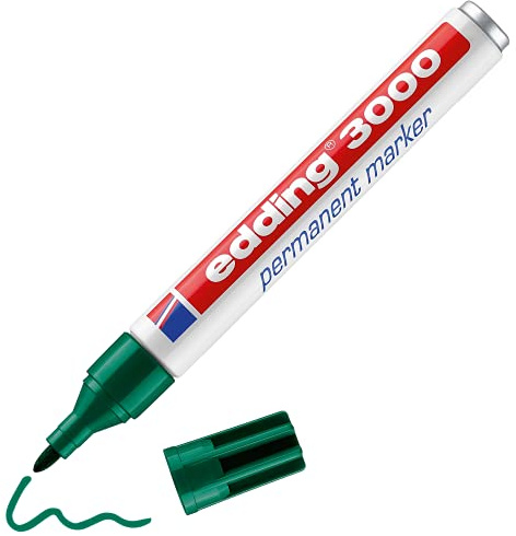 edding 3000 marcador permanente - verde - 1 rotulador - punta redonda 1,5-3 mm - indeleble de secado rápido - resistente al agua y a los borrones - cartón, plástico, madera, metal, tela - universal