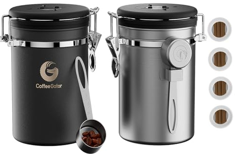 Coffee Gator Récipient à café en acier inoxydable de 1900 ml, récipient hermétique avec couvercle, indicateur de date, valve de décompression du dioxyde de carbone, cuillère doseuse