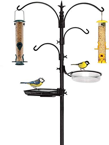 Premium Bird Feeding Station with 2 Bird Feeders Included for Outside - Multi Feeder Pole Stand Kit with 4 Hangers, Bird Bath and 5 Prong Base for Attracting Wild Birds - 22 Inch Wide x 91 Inch Tall