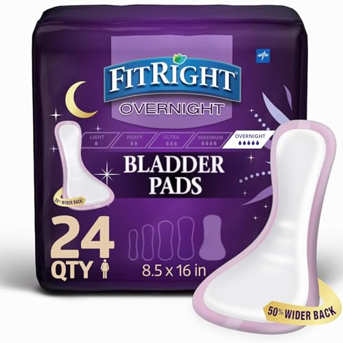 Medline FitRight Overnight Bladder Control Pads, Maximum Absorbency, Nighttime Incontinence Protection, 8.5 x 16, 24 Count per Bag (1 Bag)
