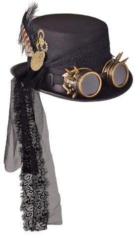 COSDREAMER Unisex Steampunk Zylinderhut Halloween Kostüm Hut mit Brille schwarz (Schwarz 1, 58cm)