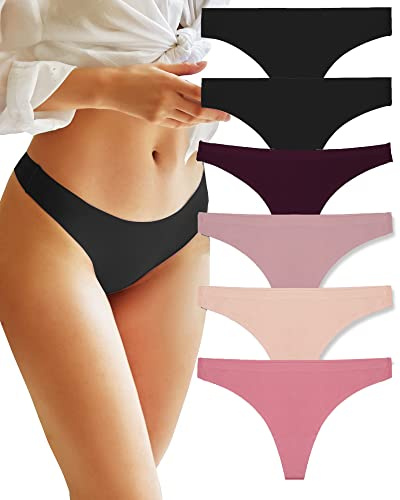 FINETOO 6 Pack Seamless Thongs for Women Breathable Tangas Underwear No Show Strings Comfortable Thongs Panties Invisible Hipster