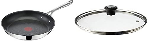 Tefal Jamie Oliver Cook's Direct Stainless Steel Frying Pan, 28 cm, Non-Stick Coating, Heat Indicator, Riveted Safe-Grip Handle & 28097712 Compatible Glass Lid, Steam Vent, 28 cm