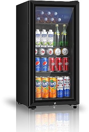Saeoola Beverage Refrigerator, 3.2 Cu.ft Mini Fridge with Double Glass Door, Cooler for Soda, Beer or Wine for Home, Office or Bar with Adjustable Removable Shelves (Black)