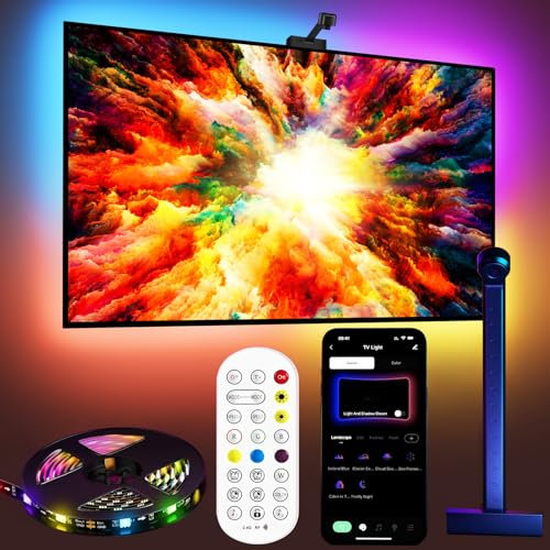Fayerkar Rétroéclairage TV 3 Lite avec fonction de correction fish-eye, synchronisation pour téléviseur de 55 à 75 pouces, bande LED RGBICW WiFi TV 5 m avec caméra, 4 couleurs en 1 perle de lampe,