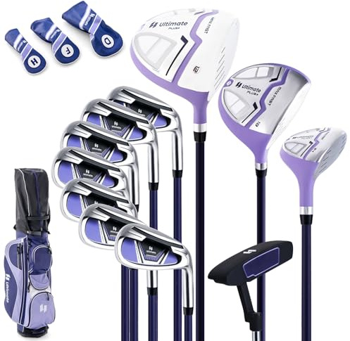 GYMAX Women Golf Clubs, 16PCS Right Handed Golf Set Includes Graphite 460CC Driver(1), Fairway (3), Hybrid (5) & Irons Size 5-SW, Putter & Stand Bag with Rain Hood, Complete Golf for Ladies (Purple)