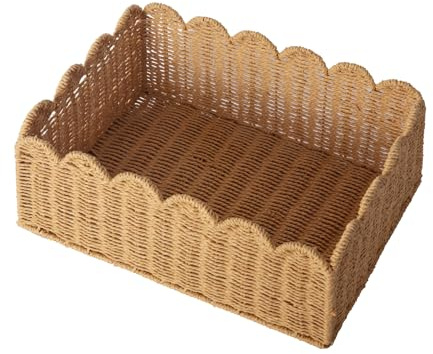 Scalloped Basket, Wicker Storage Baskets, Hand Woven Baskets for Shelves,Natural Baskets for Organizing (M-14 L x 10.5 W x 6 H)