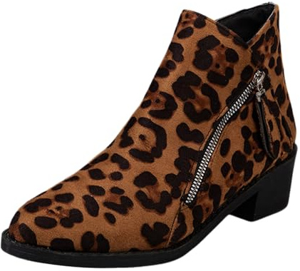 Generisch Bottines vintage en cuir sexy pour femme Motif léopard rétro Fermeture éclair pointue Talon épais Bottines de travail, café, 37 EU