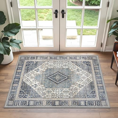 GENIMO Runner Rug 60x120cm,Washable No Pile Boho Carpet for Hallway,Oriental Ethnic Pattern Rug with Non Slip Backing for Bedroom Kitchen Balcony Landary,Blue