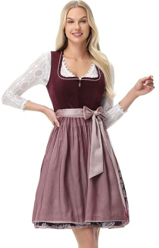 TrendiMax Damen Midi Dirndl - Elegante vestido tradicional tirolés de terciopelo para Oktoberfest con delantal tirolesa 34-46, Rojo oscuro, 36