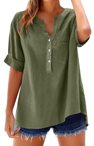 Genérico Camisa Sin Mangas Tallas Grandes Mujer De Algodon Y Lino Con Botones Primavera Verano Moda Color Sólido Blusa Cuello En V Camiseta Elegante Cómoda Basica Top Casual Shirts
