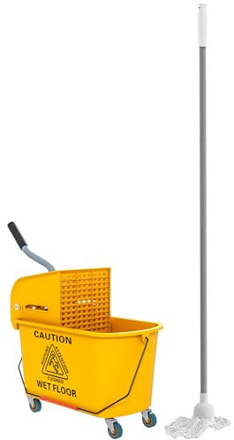 HOMCOM Carrello per pulizie Carrello per pulizie professionali da 20 L con secchio strizzatore, manico e mop, 45 x 26,5 x 70 cm, giallo