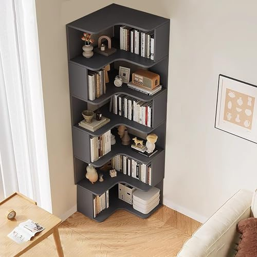 6-Tier Corner Bookshelf, Modern Tall Bookcase with Anti-Drop Panel, L-Shaped Etagere Shelf, Freestanding Corner Display Rack for Home Office and Living Room Storage Organizer