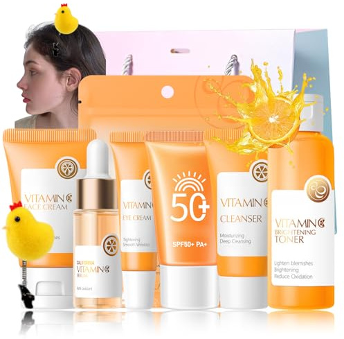 Vitamina C Skin Care Set regalo per ragazze – Skincare Set da 8 pezzi – Set regalo per la cura del viso – Set di bellezza antiossidante – idratante per la cura della pelle – con toner, siero, crema