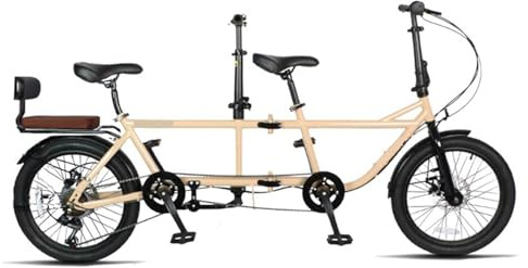 YYUINU Bicicleta Tándem Plegable para Adultos De 20 Pulgadas,Bicicleta 7 Velocidades 3 Plazas para Padres Hijos,Maletero Almacenable,Frenos De Disco Dobles,Coche Turístico Panorámico,Beige-20in